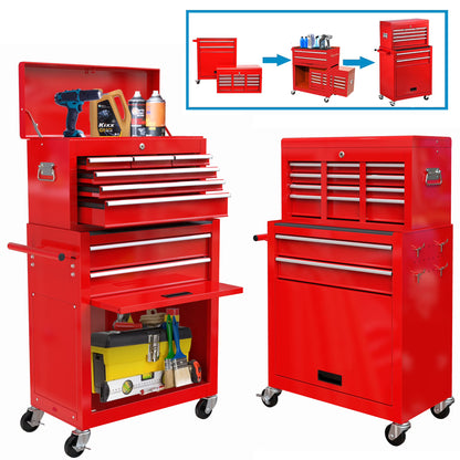 8-Drawer Rolling Tool Chest, 2-IN-1 Tool Chest and Cabinet Stainless Steel, Removable Tool Box Organizer On Wheels Large Cabinet and Sliding Drawers for Garage Workstation Workshop, Red