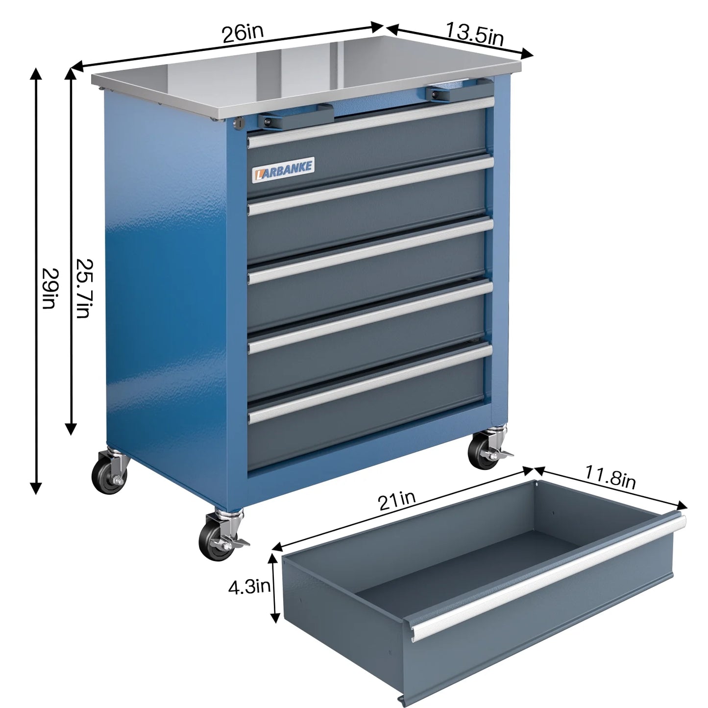Rolling Tool Chest 5-Drawer Tool Cabinet with Stainless Steel Top Key Lock Heavy-Duty