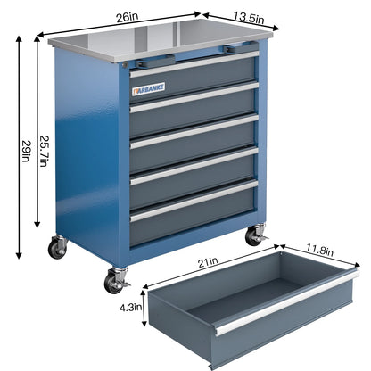 Rolling Tool Chest 5-Drawer Tool Cabinet with Stainless Steel Top Key Lock Heavy-Duty