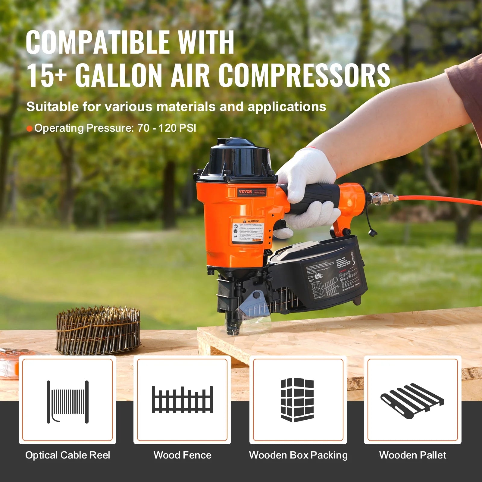 VEVOR Coil Siding Nailer MCN55, 1 inch to 2-1/4 inch 15 Degree Pneumatic Siding Nail Gun, 70-120PSI Air Coil Nailer for Siding, Pallet Sheathing, Fencing, Decking