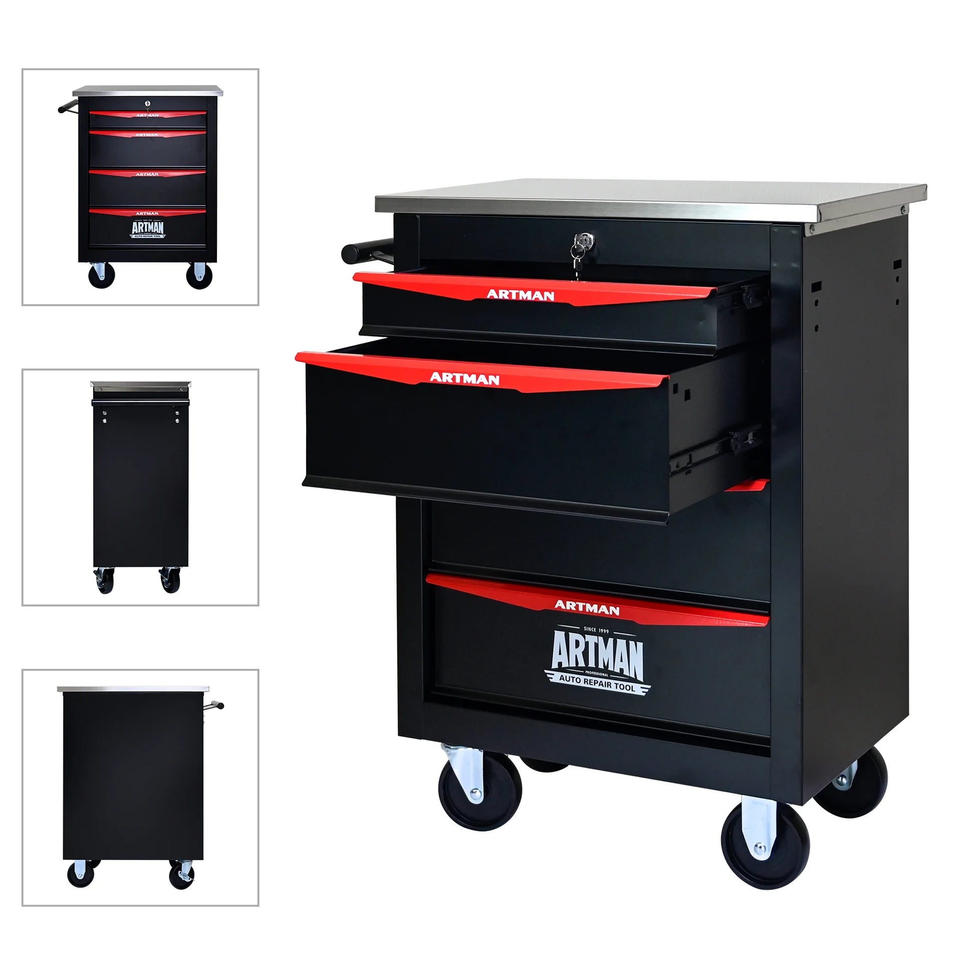 JXXRZ 4-Drawer Rolling Tool Cart with Wheels, Stainless Steel Top & Lock for Garage Workshop, Black& Red