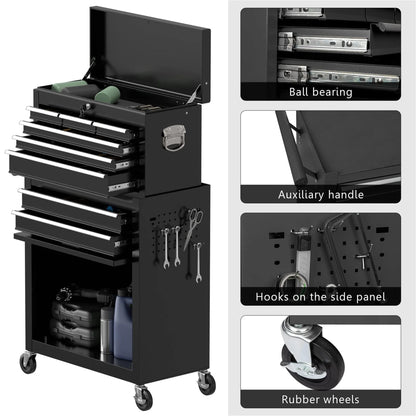 Aukfa Tool Box, 2 in 1 Steel Rolling Tool Chest & Cabinet on Wheels for Garage, 8-Drawers, Black