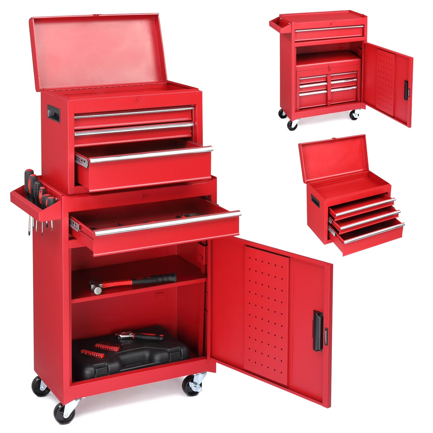 IVV 4-Drawer Rolling Tool Chest Storage Cabinet with Detachable Top Tool Box, Universal Lockable Wheels, Locking Mechanism, Tool Cart for Garage, Warehouse, Repair Shop (Red)