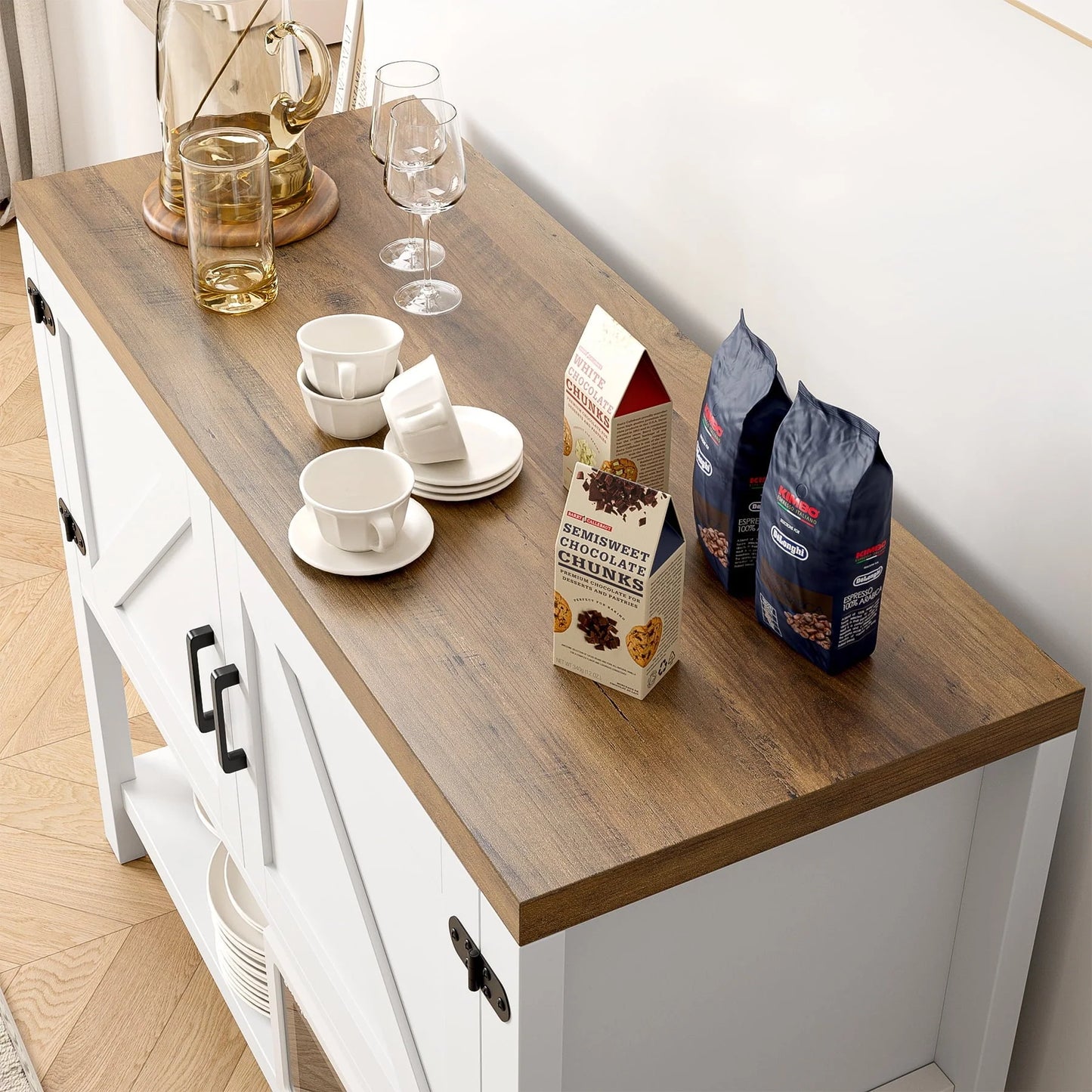 Homfa Small Buffet Cabinet, 35.4" Farmhouse Sideboard with Storage Shelf for Dining Room, White