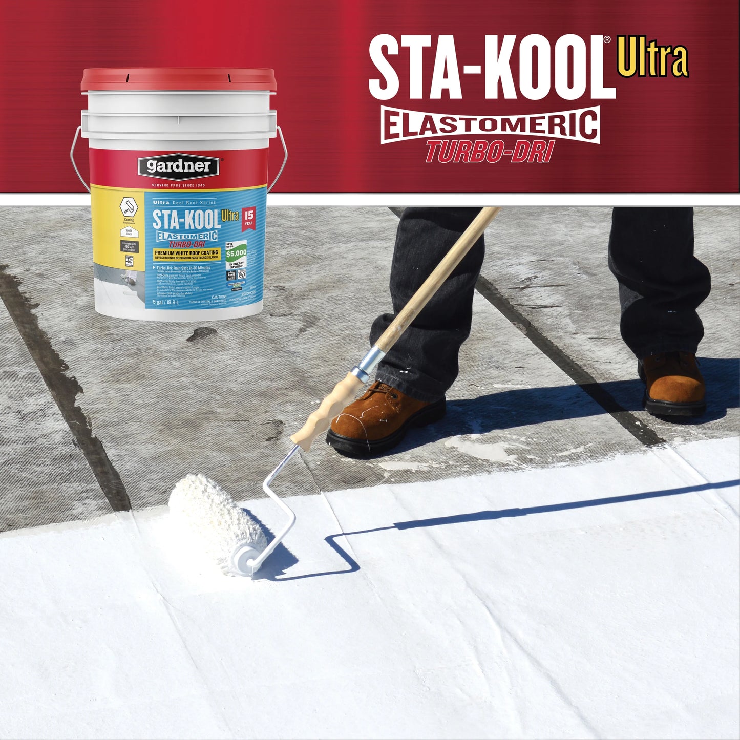 GARDNER STA-KOOL 15 YR Turbo-Dri Elastomeric Roof Coating - White, White, 5 Gallon