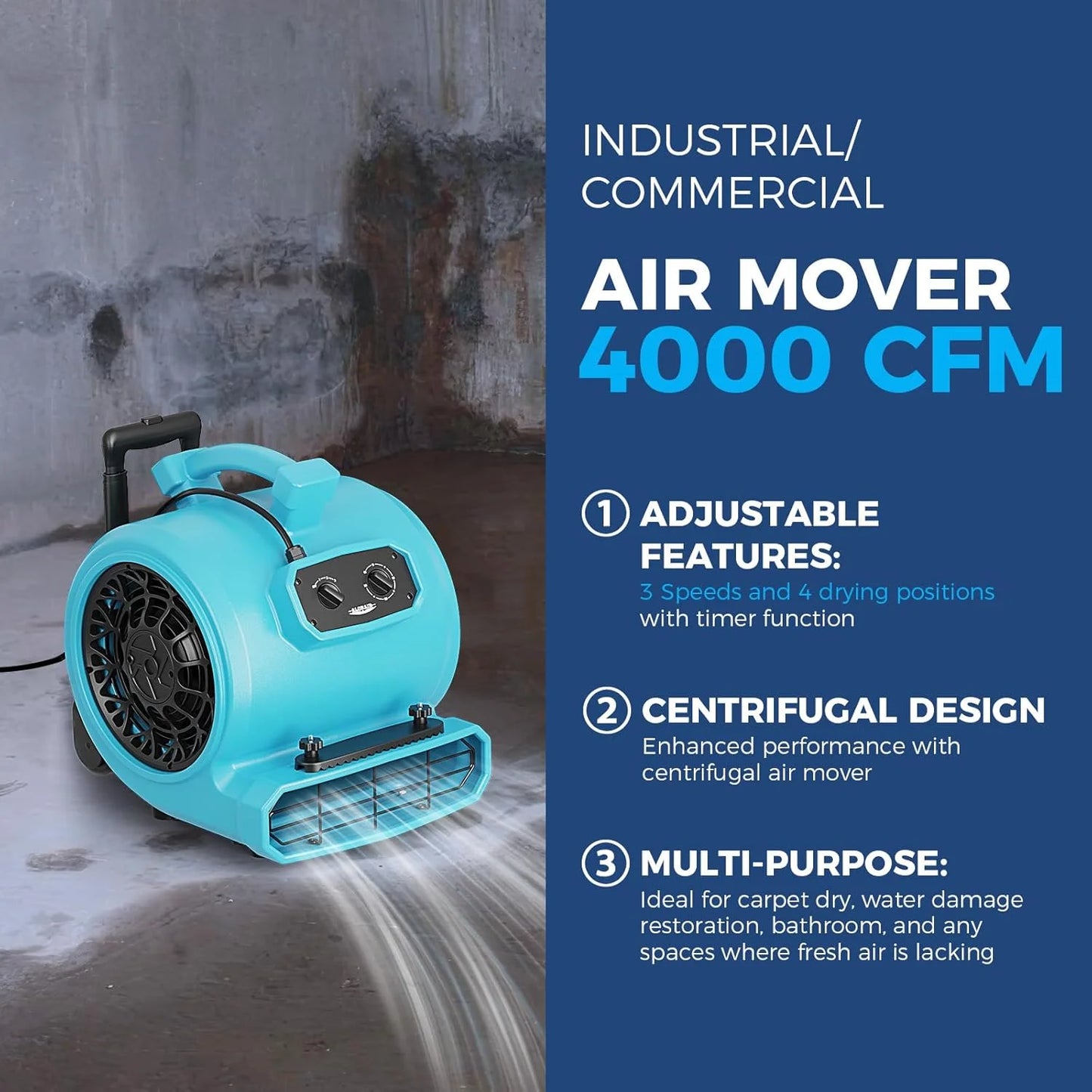 ALORAIR 4000 CFM Air Mover Blower Fan for Industrial, Floor Drying Fan, Carpet Dryer - Timer, Handle Wheelkit, Carpet Buckles, Stackable, for Water Damage Restoration and Plumbing - GE4000HTC