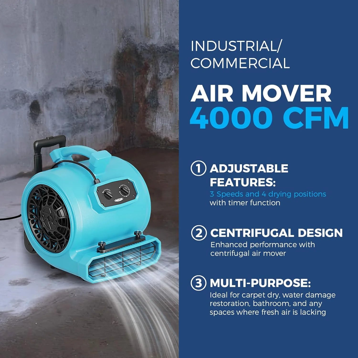 ALORAIR 4000 CFM Air Mover Blower Fan for Industrial, Floor Drying Fan, Carpet Dryer - Timer, Handle Wheelkit, Carpet Buckles, Stackable, for Water Damage Restoration and Plumbing - GE4000HTC