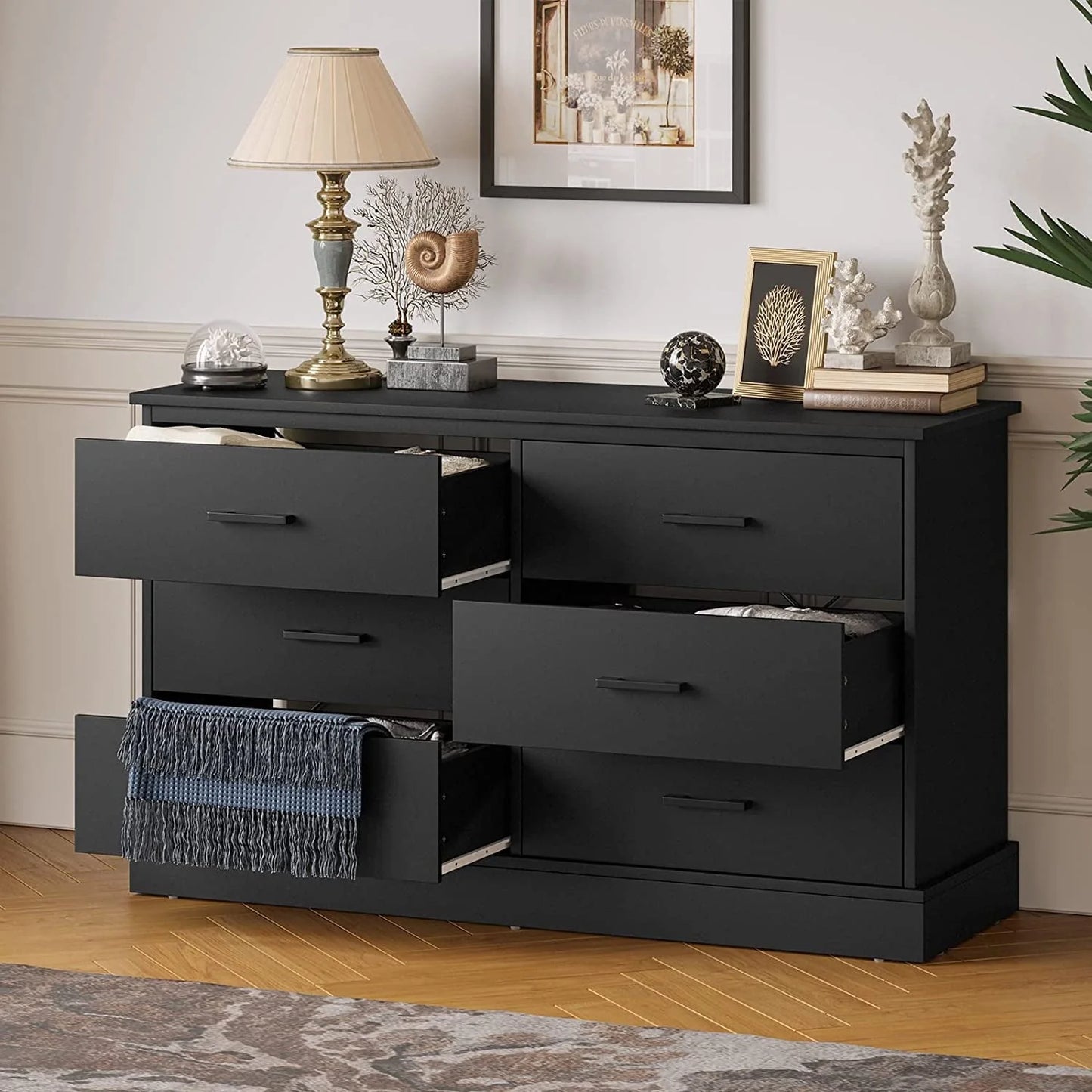 Black Double Dresser with 6 Drawers for Bedroom, Wood Large Chest of Drawers Storage Tower Clothes Organizer