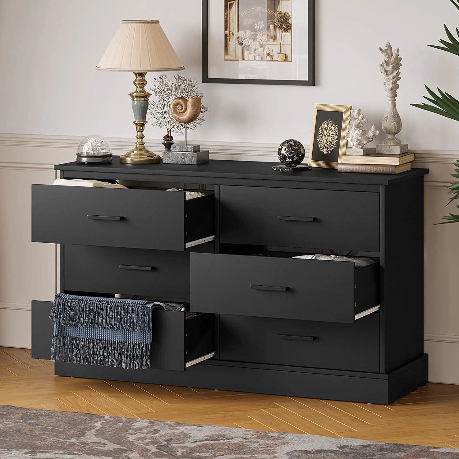 Black Double Dresser with 6 Drawers for Bedroom, Wood Large Chest of Drawers Storage Tower Clothes Organizer