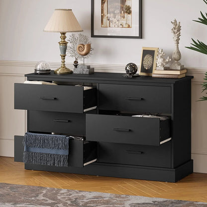Black Double Dresser with 6 Drawers for Bedroom, Wood Large Chest of Drawers Storage Tower Clothes Organizer
