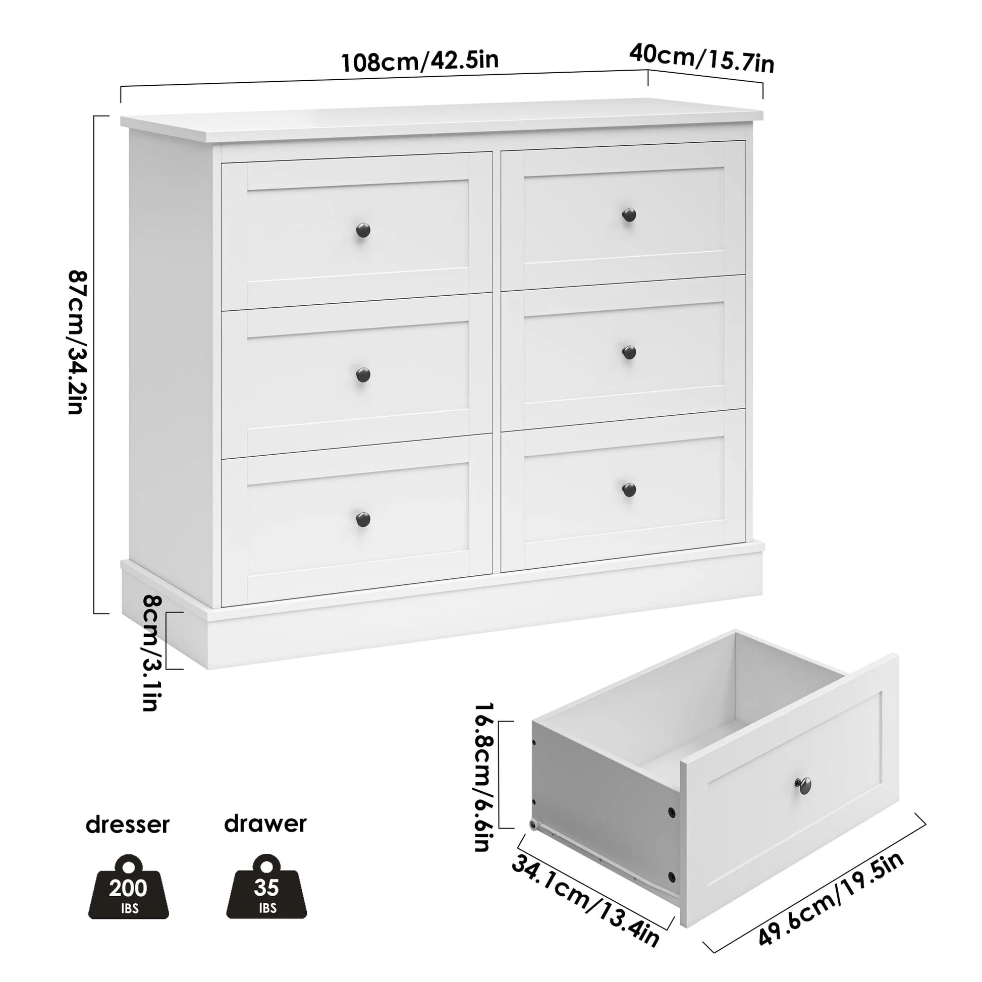 Homfa 6 Drawer Double Dresser White, Wood Storage Cabinet for Living Room, Chest of Drawers for Bedroom