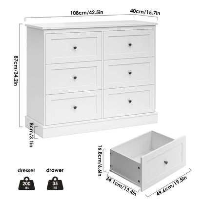 Homfa 6 Drawer Double Dresser White, Wood Storage Cabinet for Living Room, Chest of Drawers for Bedroom