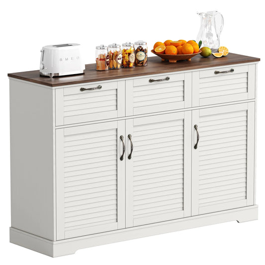 Homfa 53.5'' 3 Drawer Kitchen Buffet Cabinet with Adjustable Shelves, Wood Storage Cabinet with 3 Doors for Dining Room, White