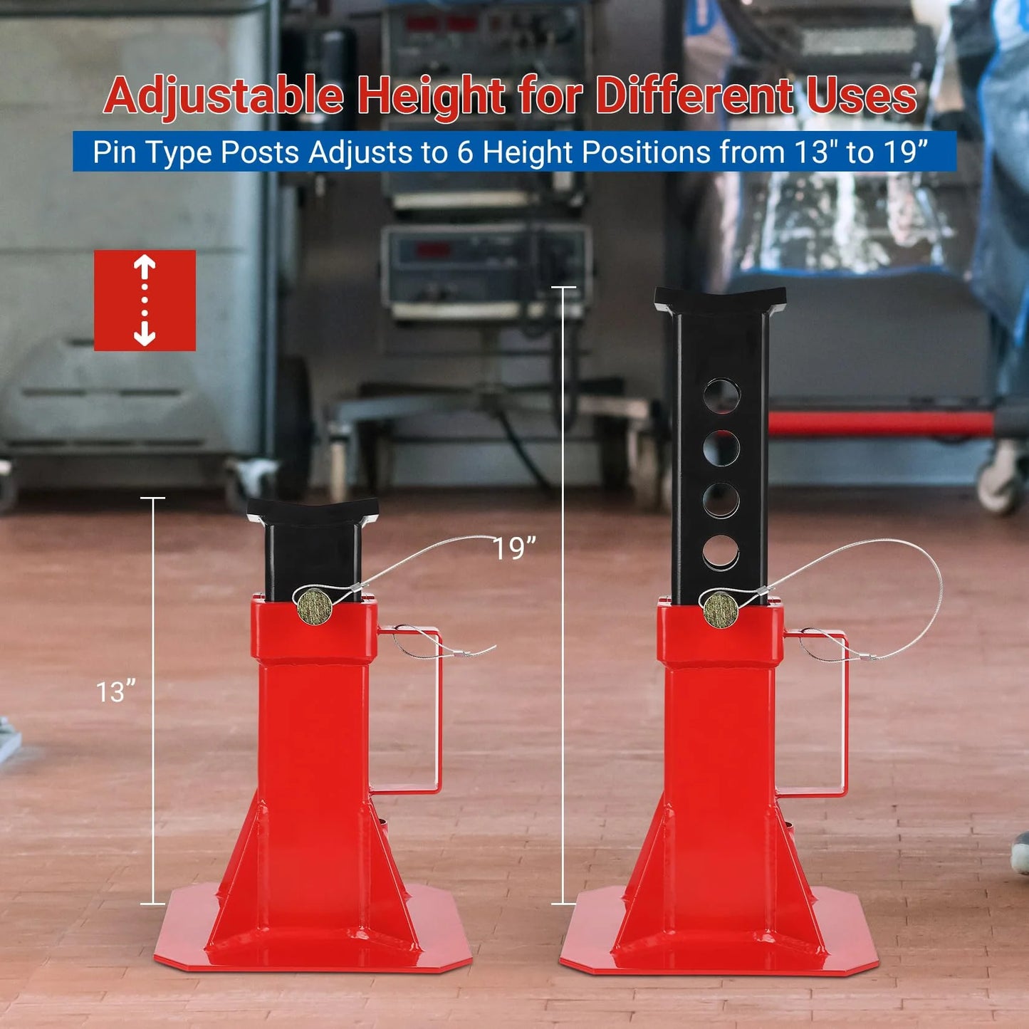 Garvee Car Jack,Floor Jack Stands,Jack Stand with Lock, for Supporting Trucks Trailers Car, Adjustable Height 11"-18", 12 Ton (26,400 Lb) Capacity, Red, 1 Pair