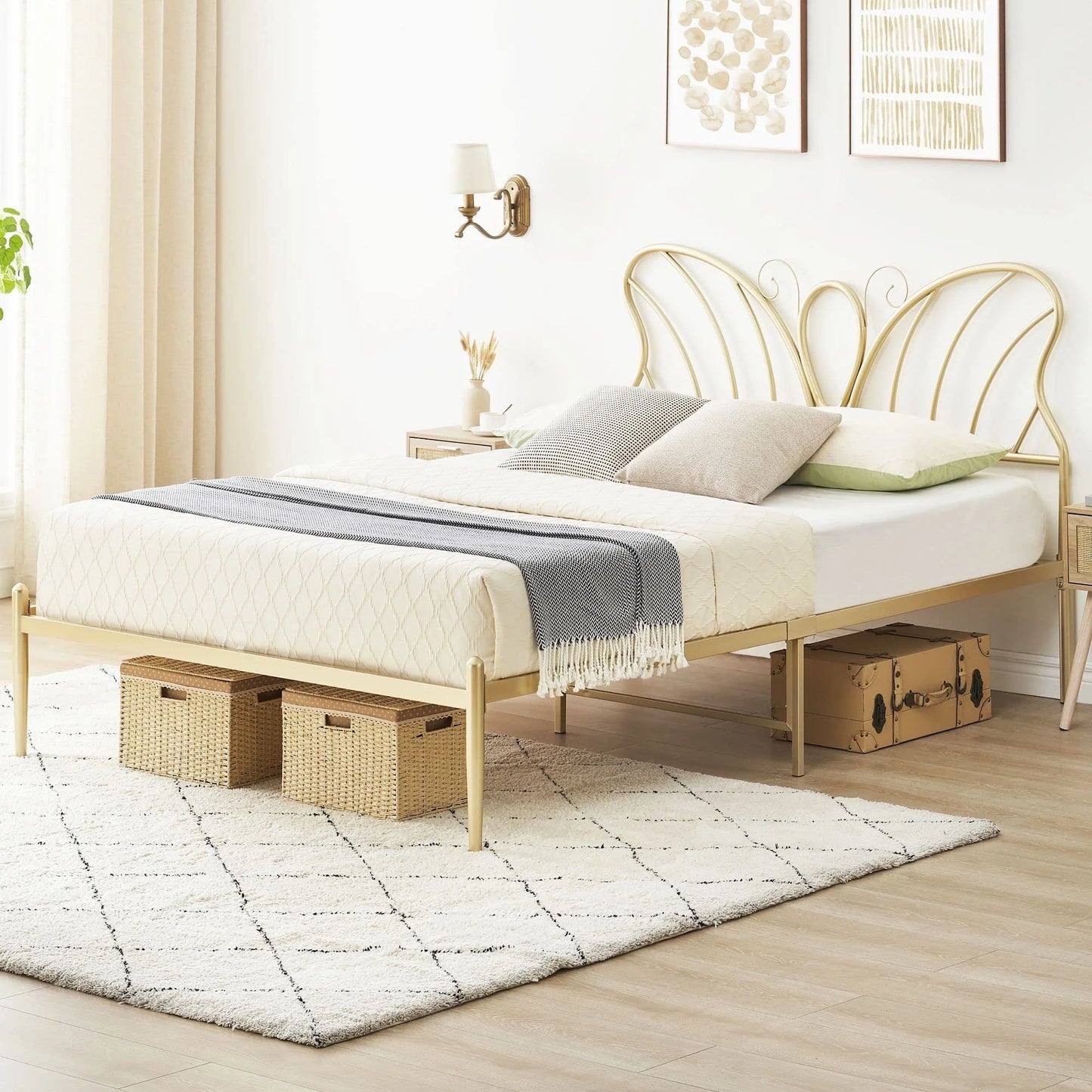 Gold Platform Queen Size Bed Frame with Headboard and Footboard, 12.6 Inches Metal Mattressfor Storage, No Box Spring Needed, Easy Assembly, Modern Design (Butterfly)