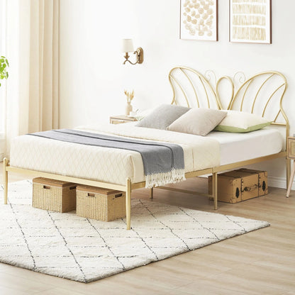 Gold Platform Queen Size Bed Frame with Headboard and Footboard, 12.6 Inches Metal Mattressfor Storage, No Box Spring Needed, Easy Assembly, Modern Design (Butterfly)