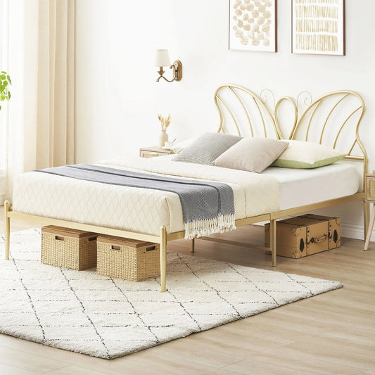 Gold Platform Queen Size Bed Frame with Headboard and Footboard, 12.6 Inches Metal Mattressfor Storage, No Box Spring Needed, Easy Assembly, Modern Design (Butterfly)
