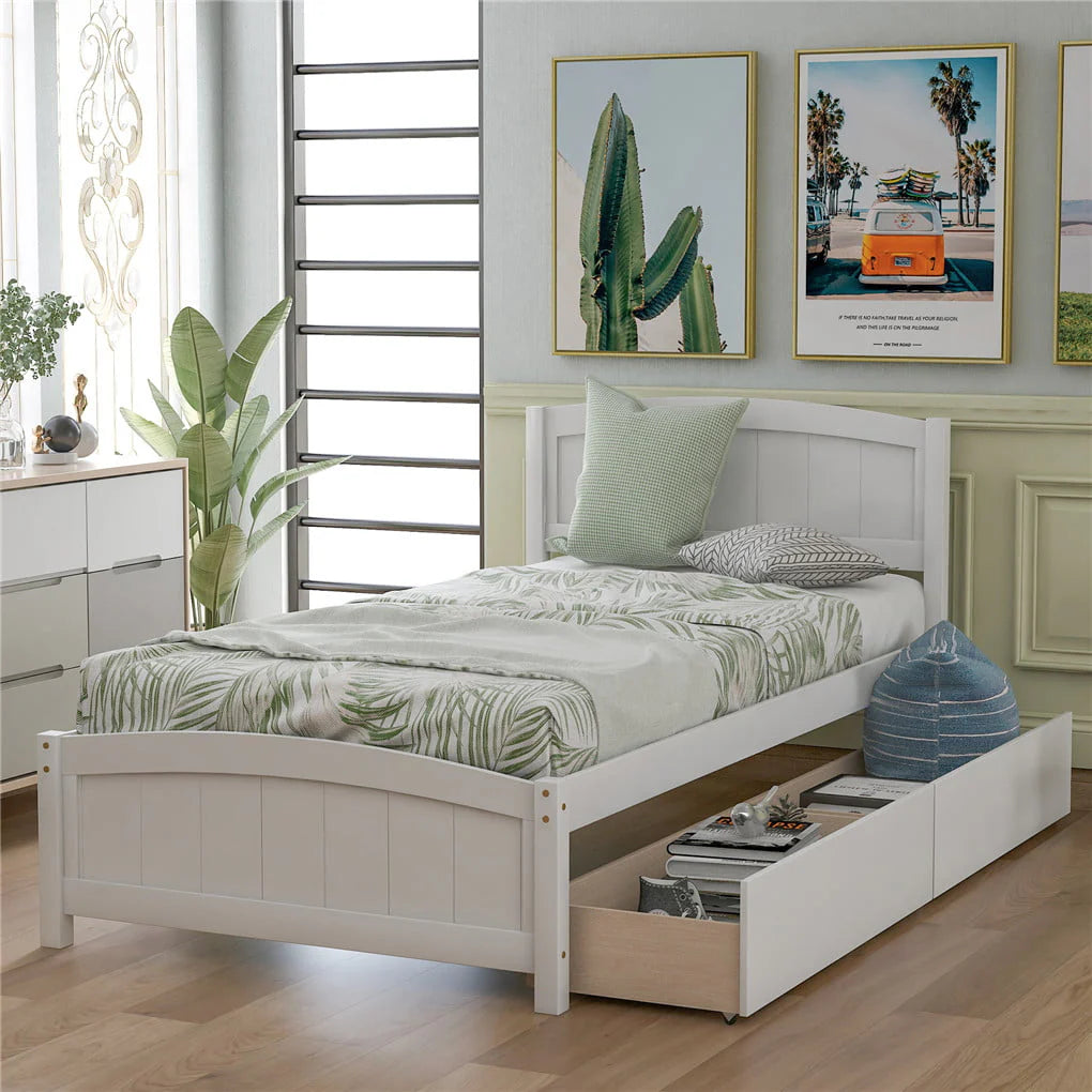 Irene Inevent Bed Frame Wooden Mattress Foundation 2 Storage Drawers Headboard Platform Bed for Bedroom, White