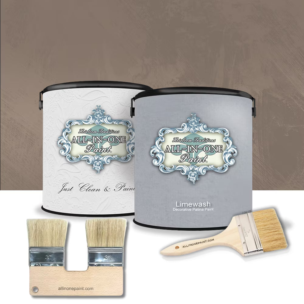 ALL-IN-ONE Limewash Paint, 2 Quart Paint Bundle and Tool Kit - Faux Lime Wash Effect, Matte Suede Wall Treatment - Haven (heathered, muted blue)
