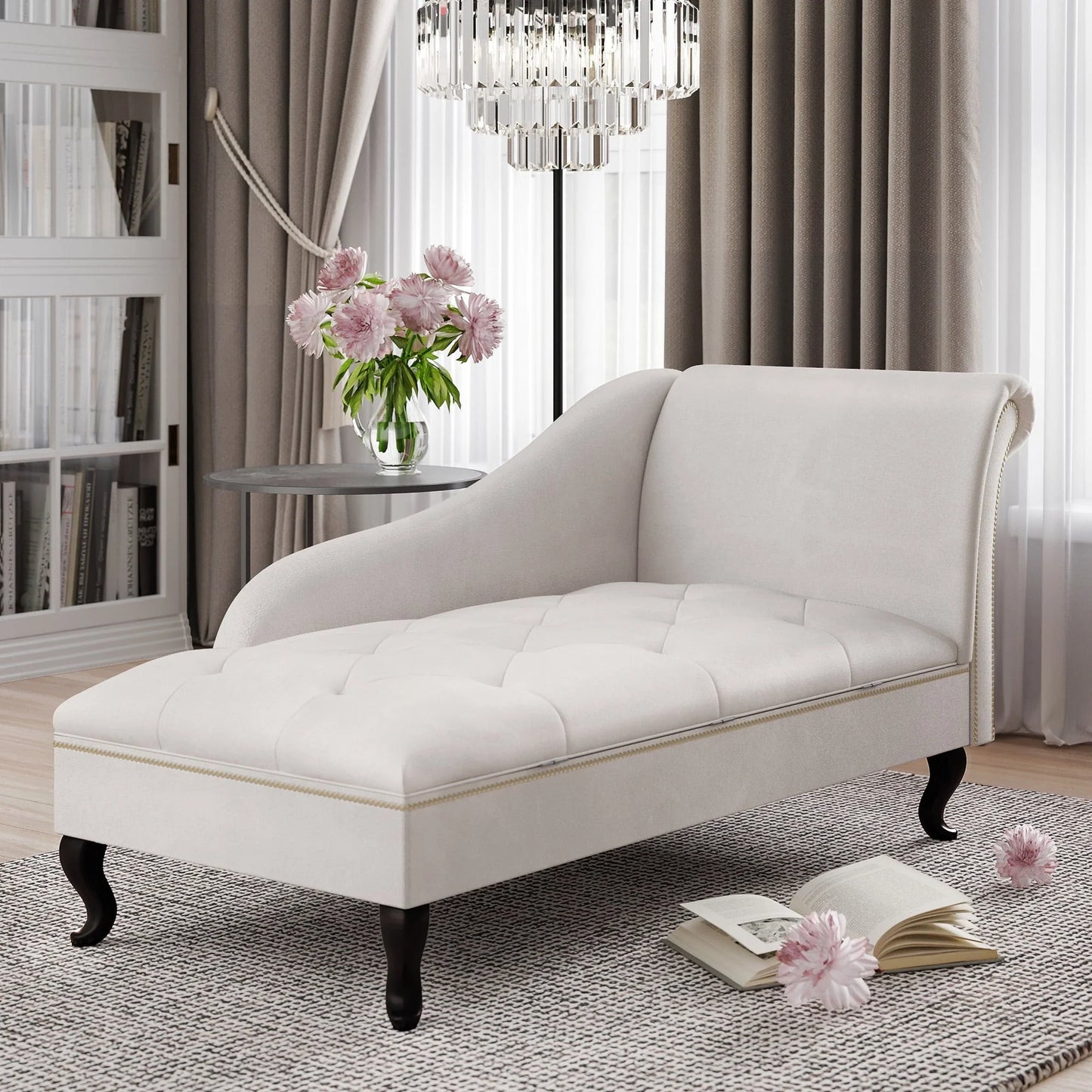 Belleze Nailhead Trim Velveteen Storage Chaise Lounge Chair Tufted Couch for Bedroom Living Room Fold Open Lid, Beige