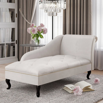 Belleze Nailhead Trim Velveteen Storage Chaise Lounge Chair Tufted Couch for Bedroom Living Room Fold Open Lid, Beige