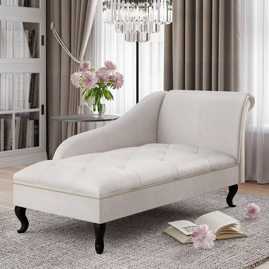 Belleze Nailhead Trim Velveteen Storage Chaise Lounge Chair Tufted Couch for Bedroom Living Room Fold Open Lid, Beige