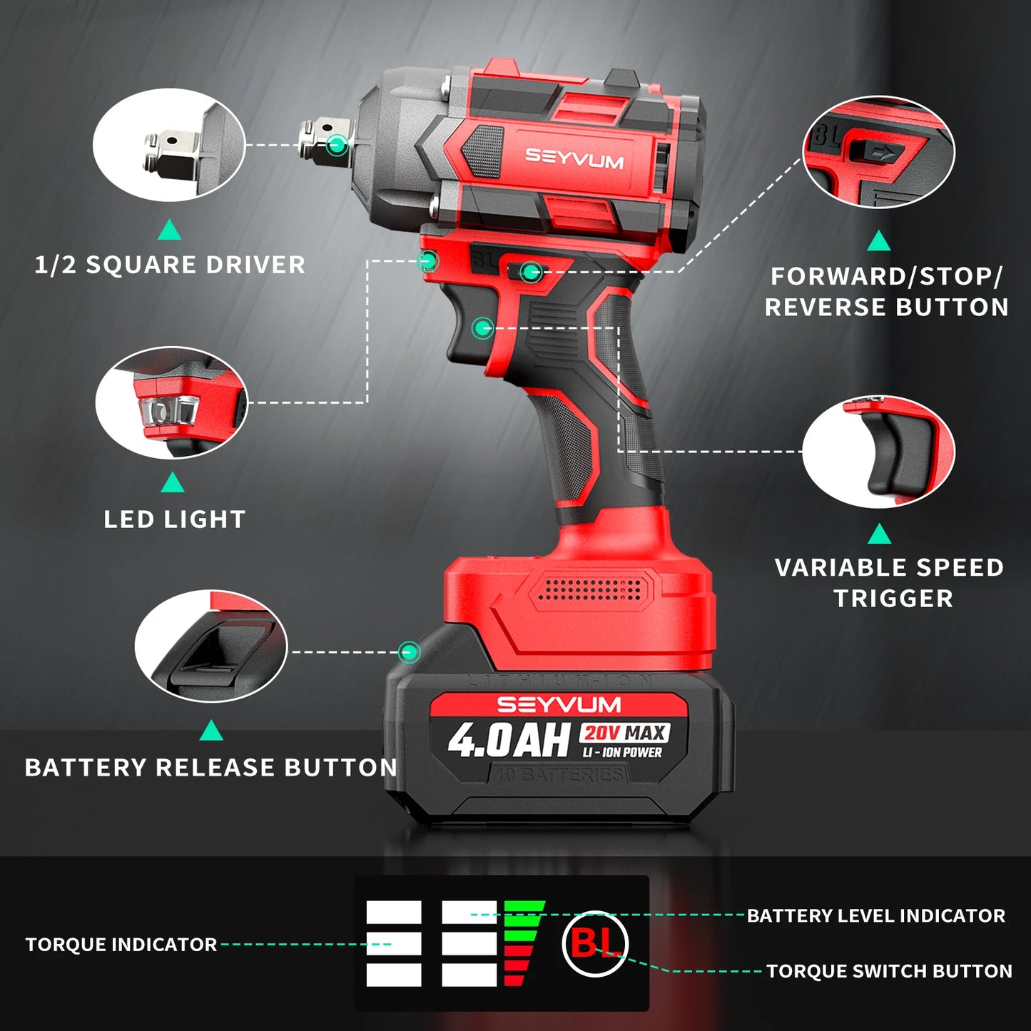 Cordless Impact Wrench, 1/2" Impact Gun, Max Torque 440 Ft-lbs (600 N.m) Heavy Duty Cordless Impact Driver, 3500 RPM Electric Impact Drill, 20V Brushless, 2x4.0Ah Li-ion Battery, 4Pcs Impact Sockets
