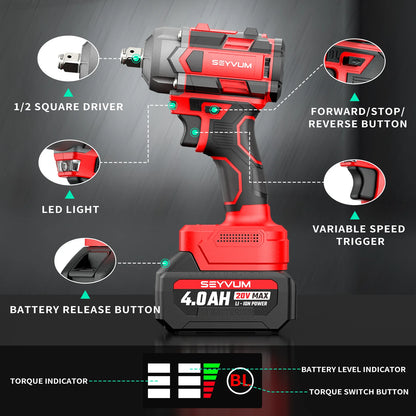Cordless Impact Wrench, 1/2" Impact Gun, Max Torque 440 Ft-lbs (600 N.m) Heavy Duty Cordless Impact Driver, 3500 RPM Electric Impact Drill, 20V Brushless, 2x4.0Ah Li-ion Battery, 4Pcs Impact Sockets