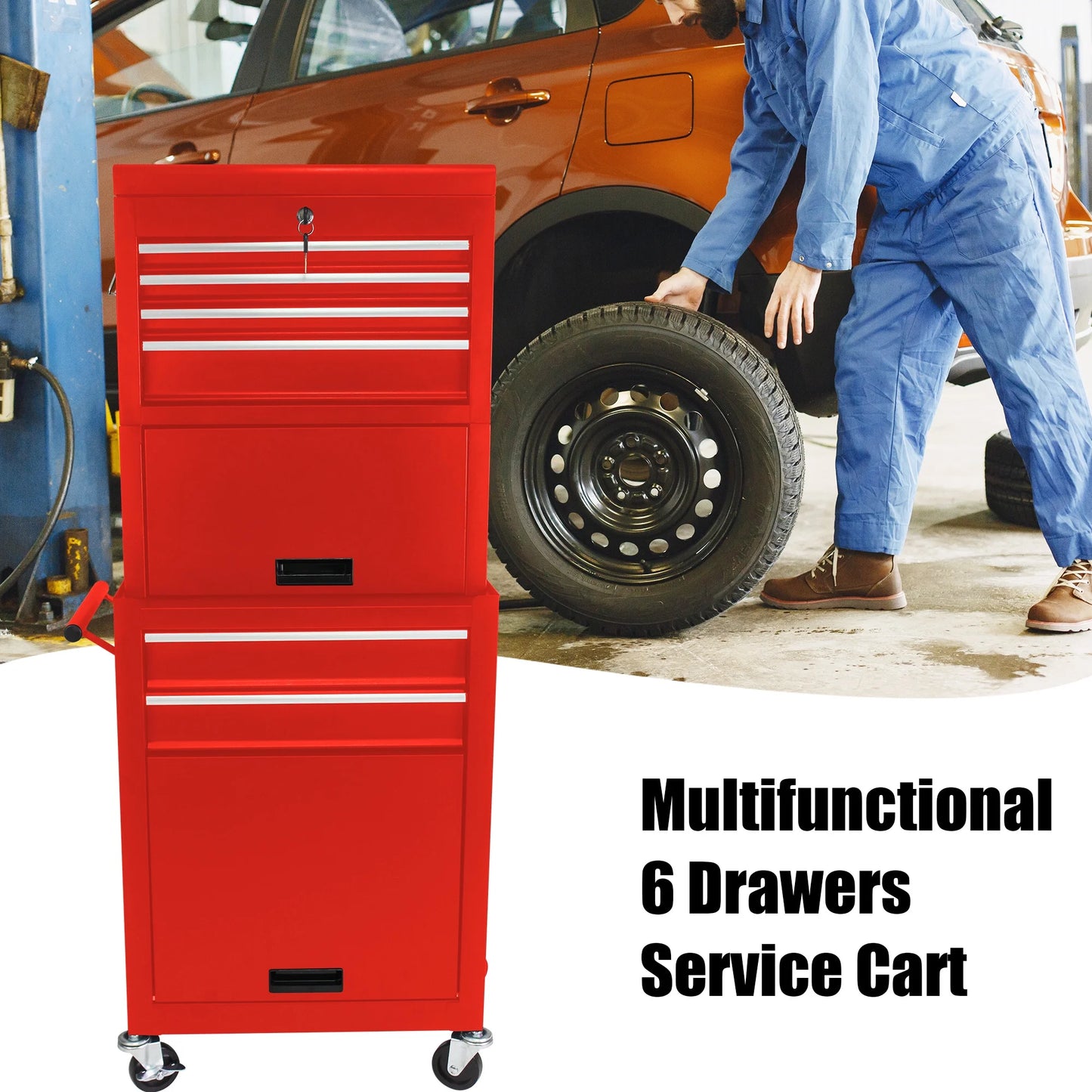 NIGSQJB 3-In-1 Tool Chest on Wheels with 6 Drawers, 52"H Tool Storage Cabinet with Auto Locking System,Detachable Top,Tool Box Organizer for Garage,Workshop,Repair Shop,DIY, Red