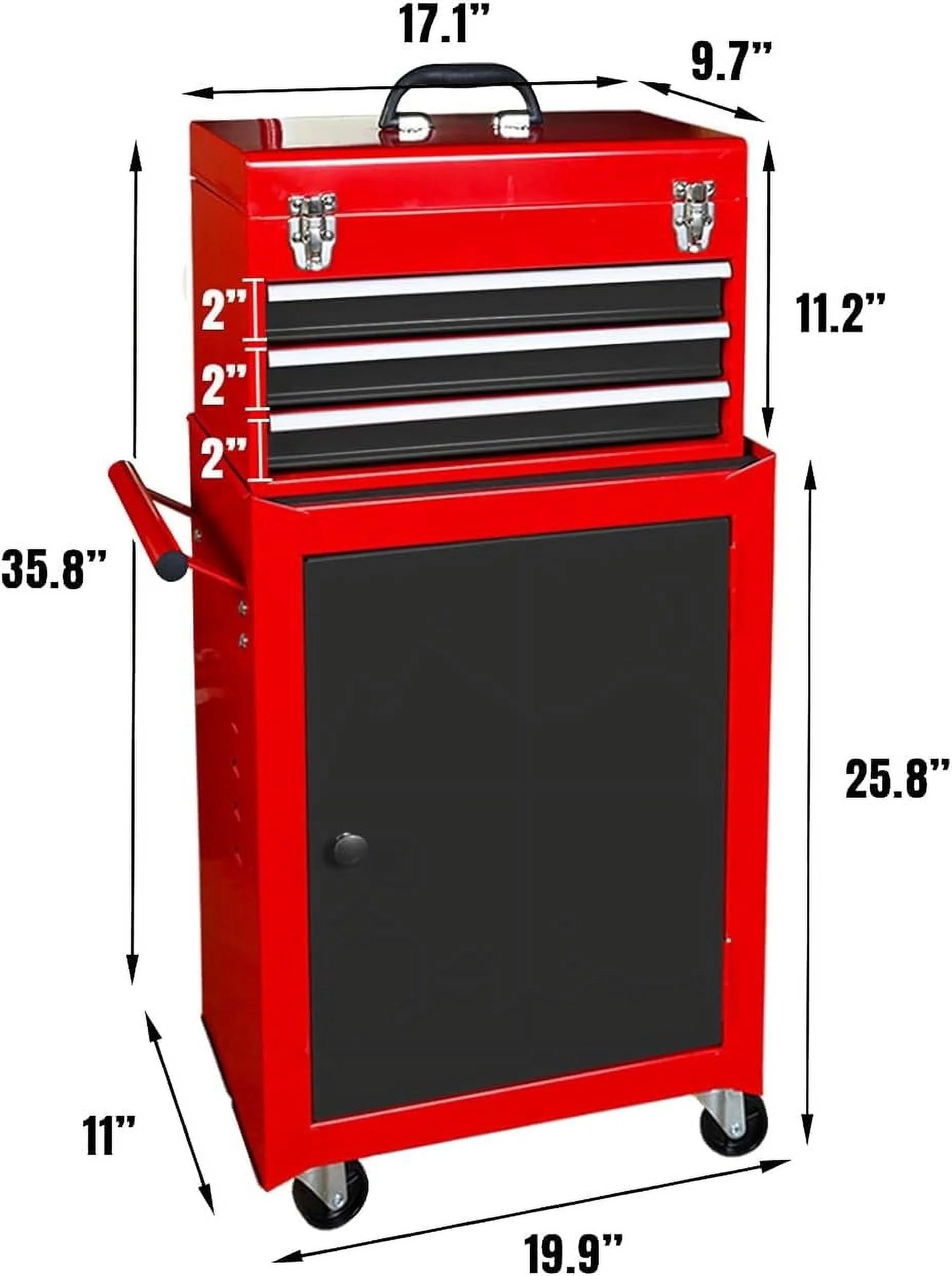 HPDAVV Detachable 3 Drawer Tool Chest Large Storage Cabinet and Adjustable Shelf Red