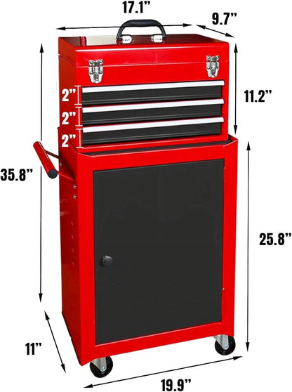 HPDAVV Detachable 3 Drawer Tool Chest Large Storage Cabinet and Adjustable Shelf Red