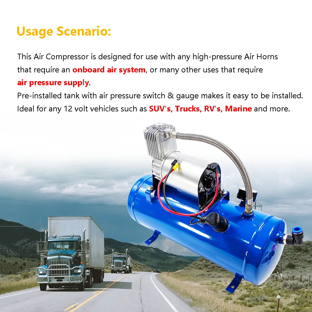 DC 12V 150PSI Air Compressor with 6 Liter Tank 1.6 Gallon | Fit for Train Horns Motorhome Tires | Inflator Air Compressor with 6L Tank Train Air Horn Kit
