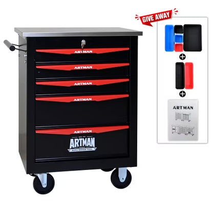 POVANLI 5 Drawer Portable Tool Box With Wheels,Tool Chest With Key Locking Tool Boxes/Organizers Black& Red