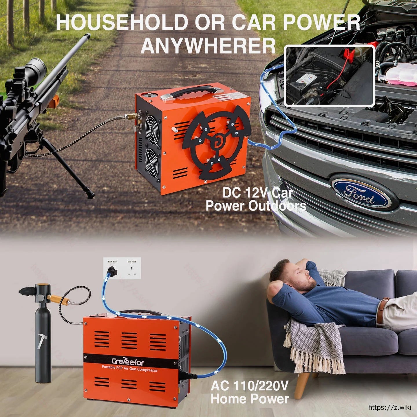 Greteefor PCP Air Compressor, Built-in 600W Adapter, 4500Psi/30Mpa, 350W Motor, 12V DC or 110V/220V AC Power, Auto Stop, Water/Oil free &Cooling Fan for Air Rifle, Paintball, HPA Tanks LightWeight