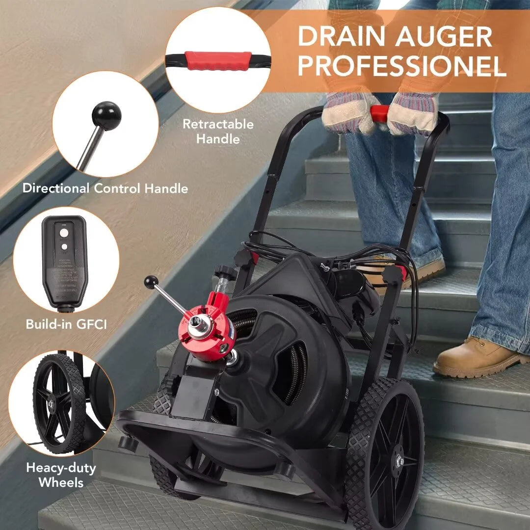 Drain Cleaner Machine 100FT x 1/2 Inch, Auto Feed Sewer Snake Auger on Wheels, with 6 Cutters, Electric Drain Clog Remover Plumbing Tool for 1-4" Pipes