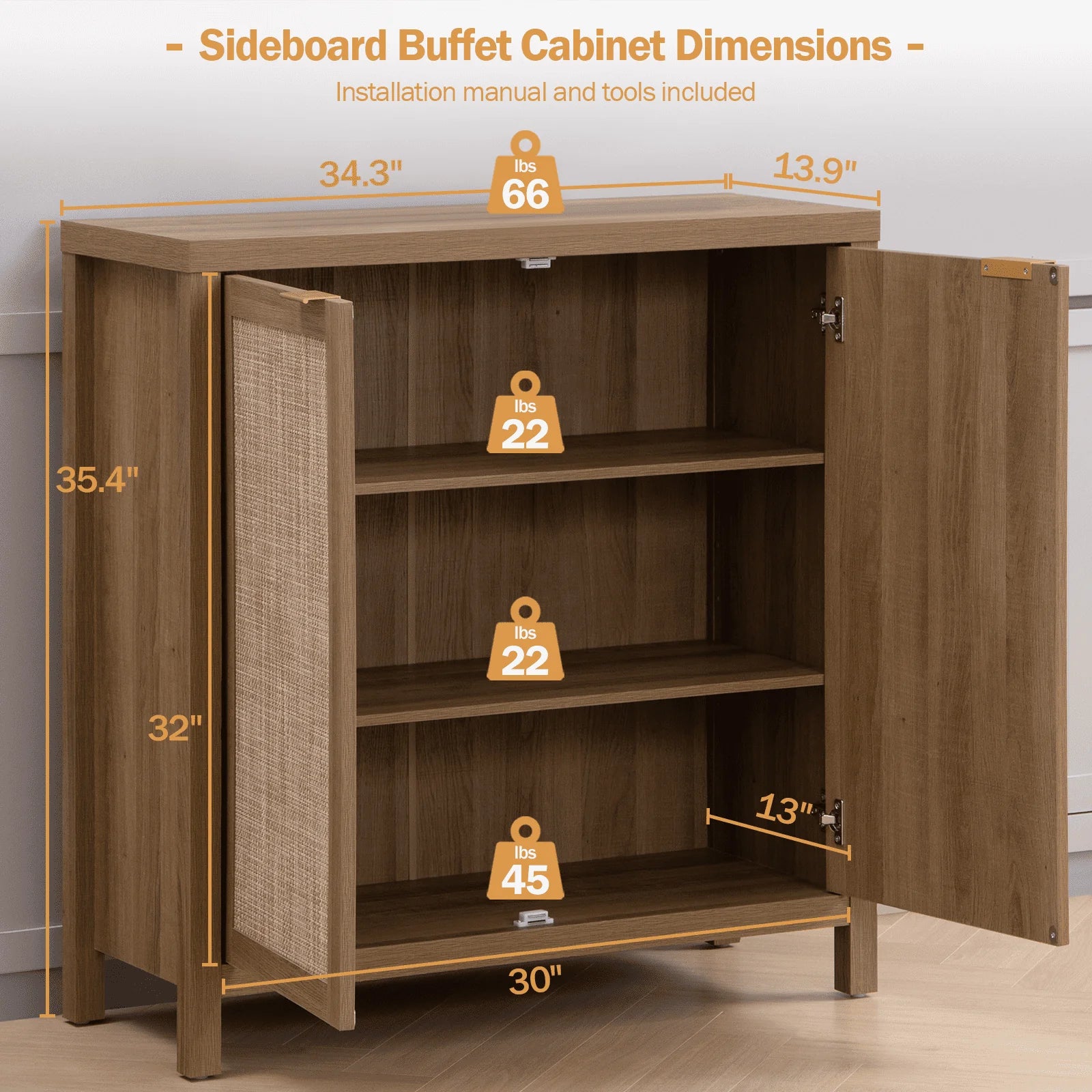 SICOTAS Sideboard Buffet Cabinet, Kitchen Cupboard Storage Cabinet with Rattan Doors and Shelves for Kitchen, Living Room, Bedroom