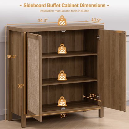 SICOTAS Sideboard Buffet Cabinet, Kitchen Cupboard Storage Cabinet with Rattan Doors and Shelves for Kitchen, Living Room, Bedroom