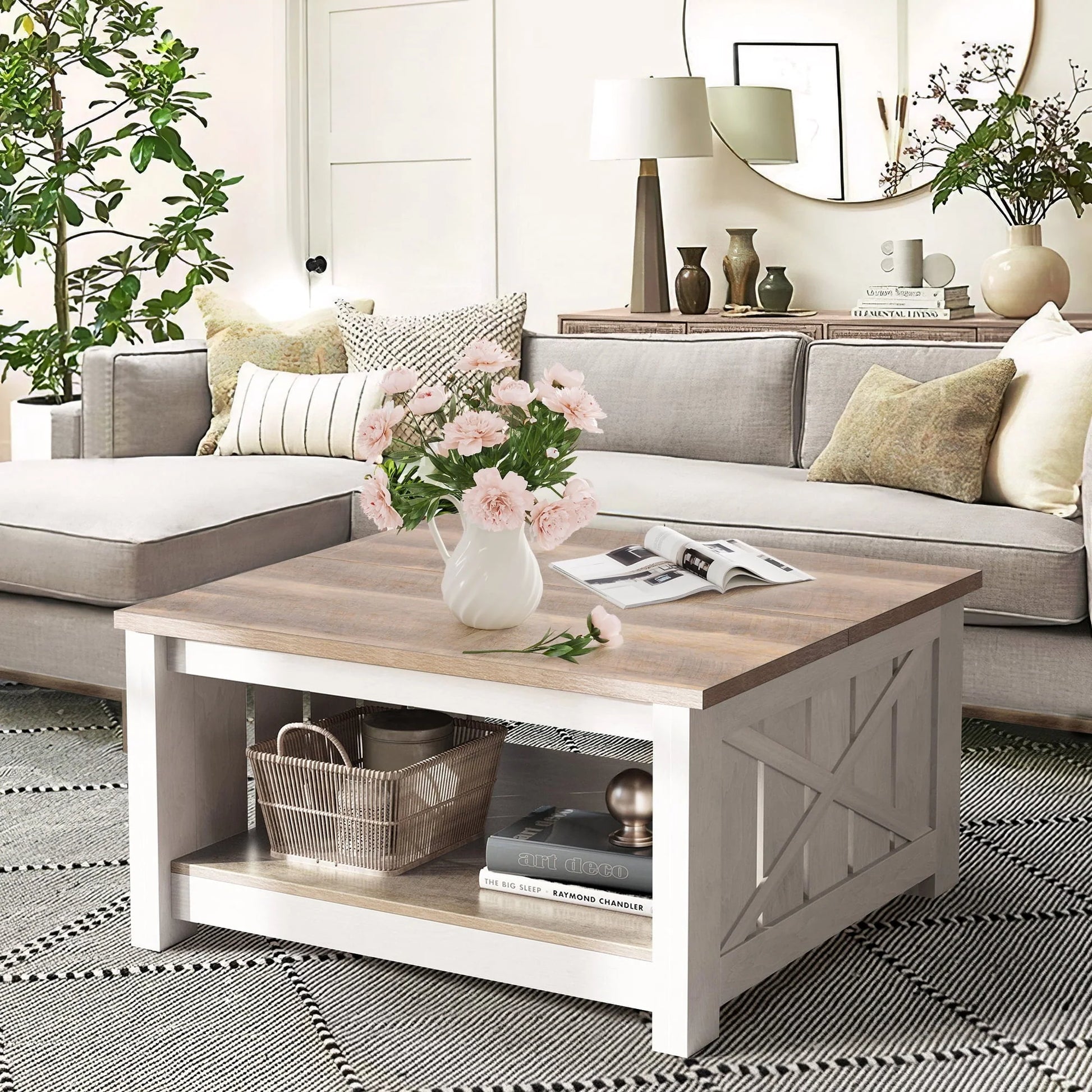 Dextrus Coffee Table with Storage, Square Wood Farmhouse Coffee Table with Barn Door for Living Room, Grey Wash