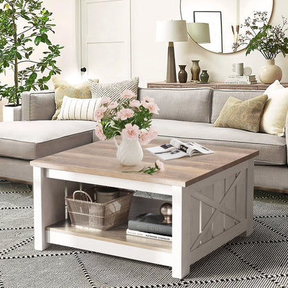 Dextrus Coffee Table with Storage, Square Wood Farmhouse Coffee Table with Barn Door for Living Room, Grey Wash