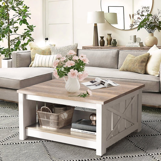 Dextrus Coffee Table with Storage, Square Wood Farmhouse Coffee Table with Barn Door for Living Room, Grey Wash
