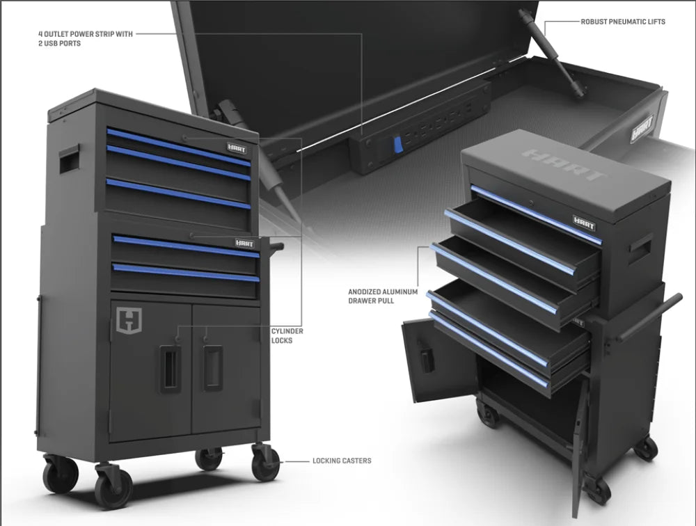 Hart 24-inch Steel Tool Chest Combo with Built-In Power Strip, 400 lb Capacity