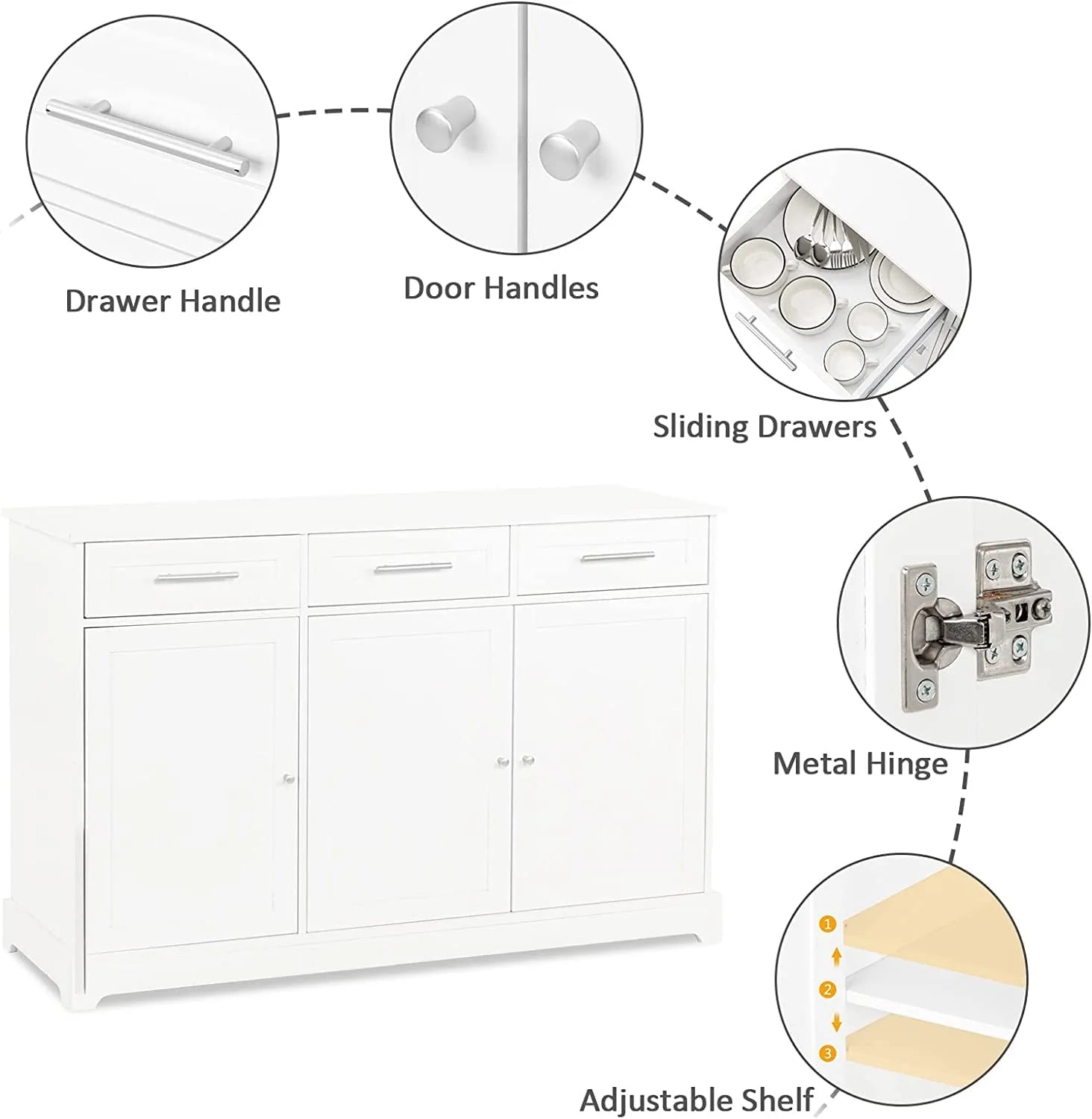 VINGLI White Credenza,Kitchen Buffet Cabinet with Storage,Dining Sideboard Buffet Console Table with Cabinet,Adjustable Shelves and Drawers