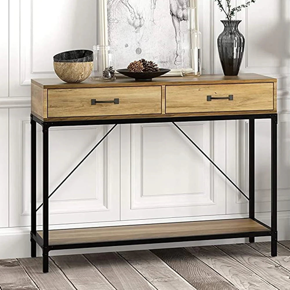 eHemco Rustic Console Table with 2 Drawers and Storage Shelf for Living Room, Black Base