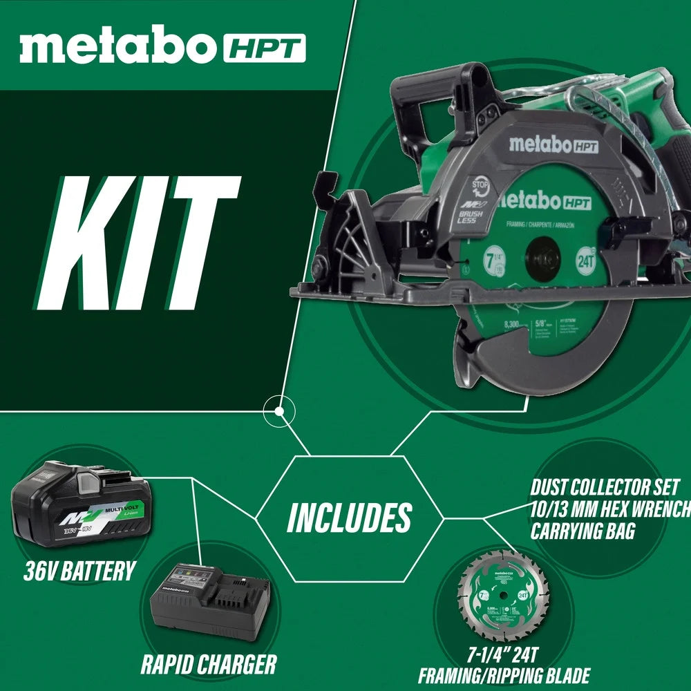Metabo HPT 36V MultiVolt 7-1/4 Inch Rear Handle Circular Saw, Lightweight Design, Up to 500 2x4 Cuts Per Charge, 53? Adjustable Bevel Capacity, Lifetime Tool Body Warranty, C3607DWA