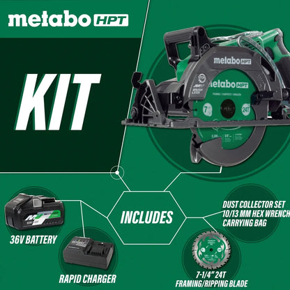Metabo HPT 36V MultiVolt 7-1/4 Inch Rear Handle Circular Saw, Lightweight Design, Up to 500 2x4 Cuts Per Charge, 53? Adjustable Bevel Capacity, Lifetime Tool Body Warranty, C3607DWA