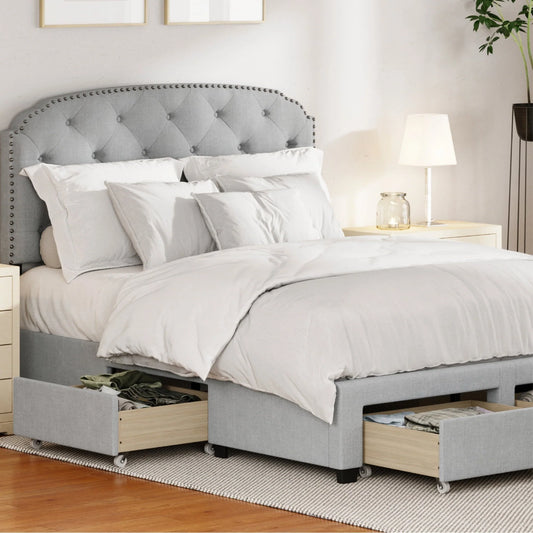 DG Casa Argo Tufted Upholstered Panel Bed Frame with Storage Drawers and Nailhead Trim Headboard, King Size Storage Bed in Platinum Linen Style Fabric