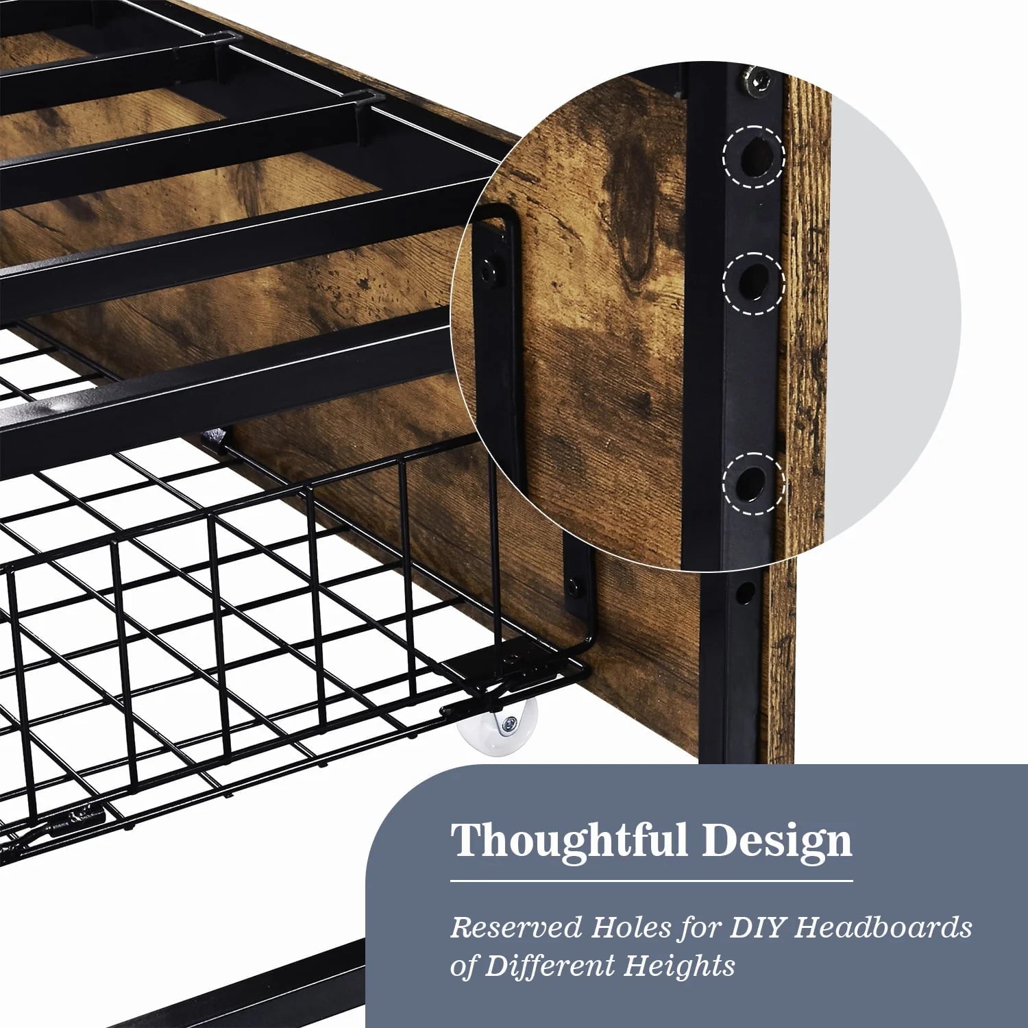 Allewie Industrial Queen Size Metal Platform Bed Frame with 4 XL Storage Drawers with Casters
