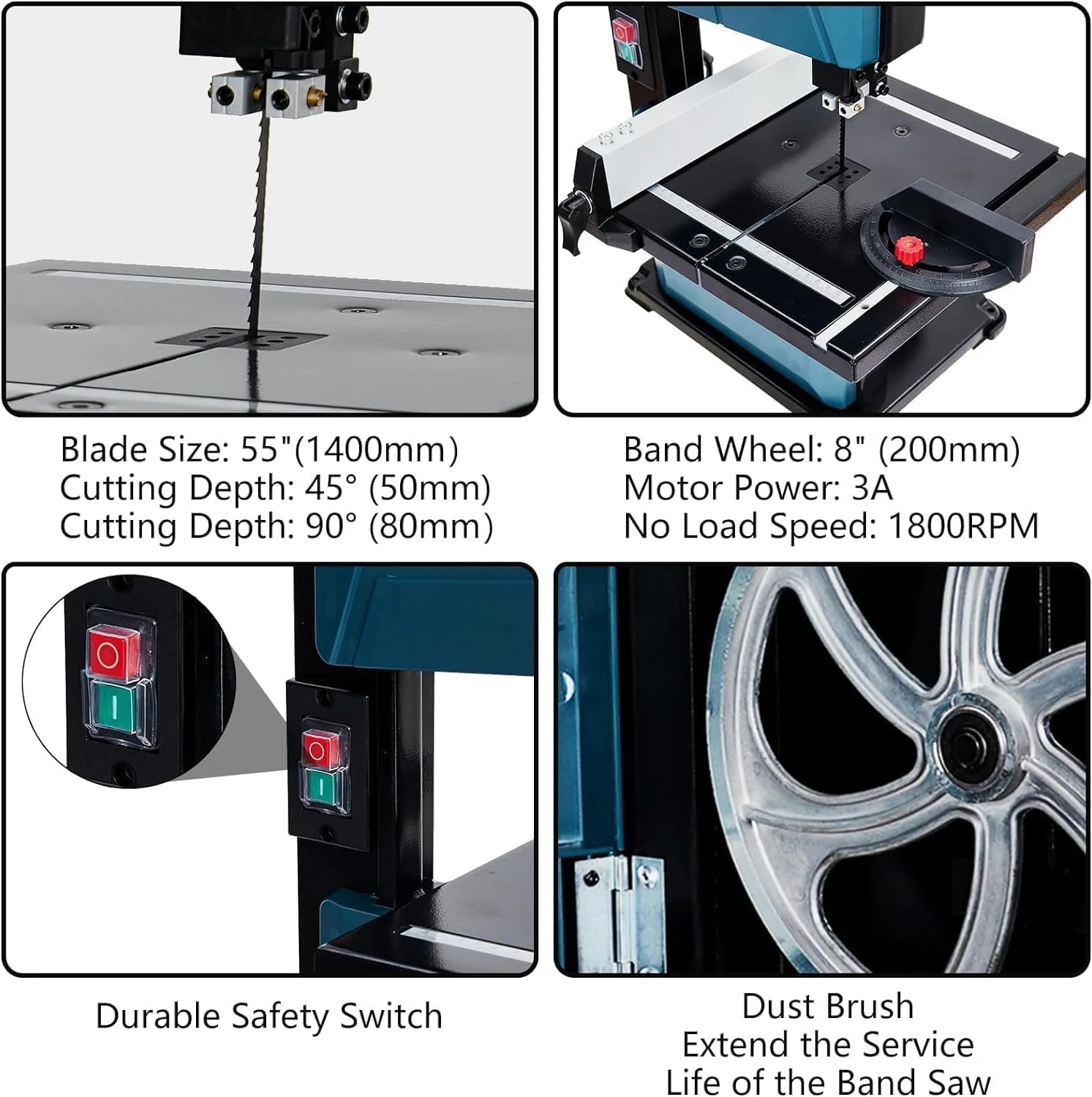 Towallmark 8-Inch Bandsaw, 1800FPM Benchtop Bandsaw with Removable Safty Key, 0-45 Tilting Range, 3-Amp Saw For Cutting Wood with Fence and Miter Gauge, Band Saws for Woodwork