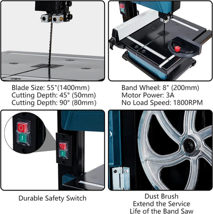 Towallmark 8-Inch Bandsaw, 1800FPM Benchtop Bandsaw with Removable Safty Key, 0-45 Tilting Range, 3-Amp Saw For Cutting Wood with Fence and Miter Gauge, Band Saws for Woodwork