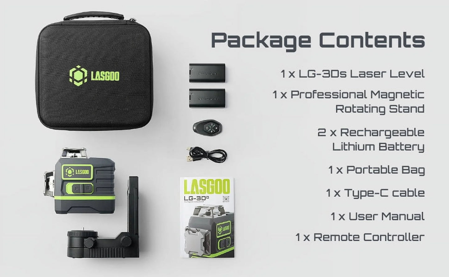Laser Level 3x360? LASGOO with Remote Control, 2 Rechargeable Batteries, 100FT Range, 360? Magnetic Rotating Stand, IP54, 3Ds
